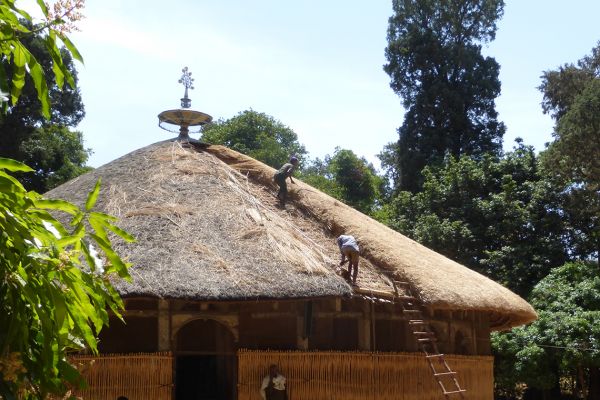 The grass-roofed Azuwa Maryam church on Lake Tana