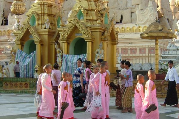 Young Buddhist nuns visiting Shwedagon Pagoda, Yangon, Myanmar