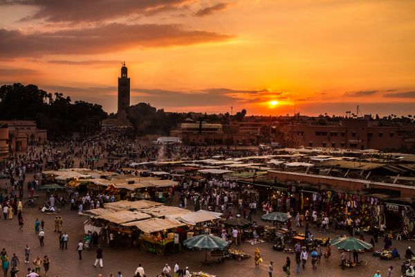 Jemaa el Fna in Marrakech at sunset