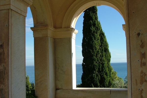 Cypress and views of the Mediterranean, Hanbury Gardens, Italian Riviera